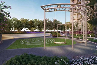Project amenity visual of an outdoor pool and garden pavilion